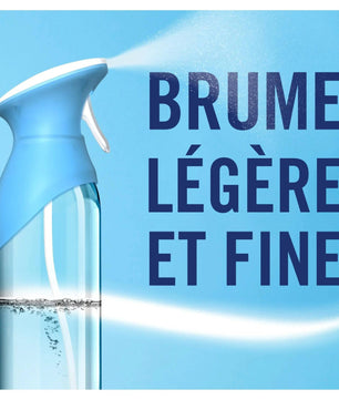 Zoom sur le spray Febreze Rosée du Matin diffusant une brume légère et fine, parfait pour un parfum discret et efficace à la maison.