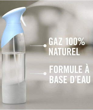 Spray Febreze Rosée du Matin avec gaz 100% naturel et formule à base d’eau, respectueux de l’environnement et efficace contre les odeurs.