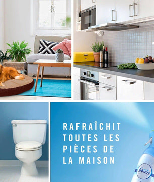 Febreze Rosée du Matin rafraîchit toutes les pièces de la maison, y compris salon, cuisine et salle de bain, pour une atmosphère agréable.