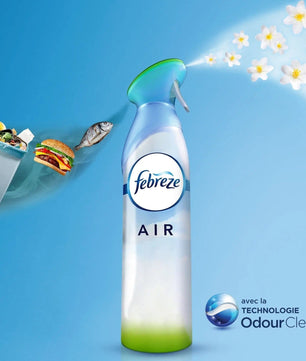 Spray Febreze Rosée du Matin avec technologie OdourClear, élimine efficacement les odeurs de cuisine, poubelle et animaux domestiques.