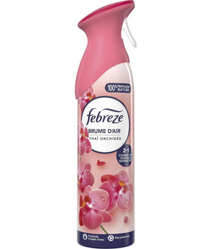 Spray désodorisant Febreze Thaï Orchidée avec flacon rose et motifs floraux, idéal pour parfumer l'intérieur avec une fraîcheur durable.