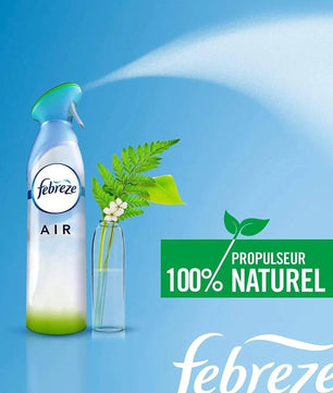 Spray Febreze Air avec propulseur 100% naturel, diffusant un parfum frais à côté d’un vase de plantes vertes, pour un intérieur sain.