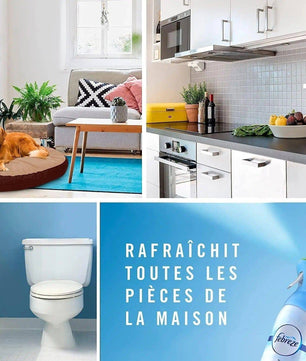 Spray Febreze utilisé dans différentes pièces de la maison, illustrant son efficacité pour rafraîchir salon, cuisine, salle de bain et toilettes.