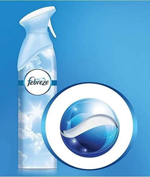 Spray Febreze avec symbole de fraîcheur, représentant une atmosphère propre et agréable grâce à son action éliminant les odeurs persistantes.