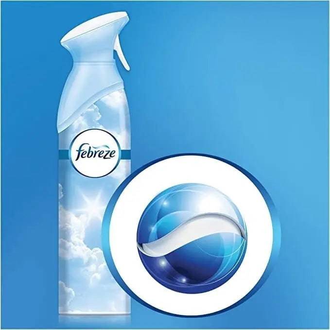 Spray Febreze avec symbole de fraîcheur, représentant une atmosphère propre et agréable grâce à son action éliminant les odeurs persistantes.