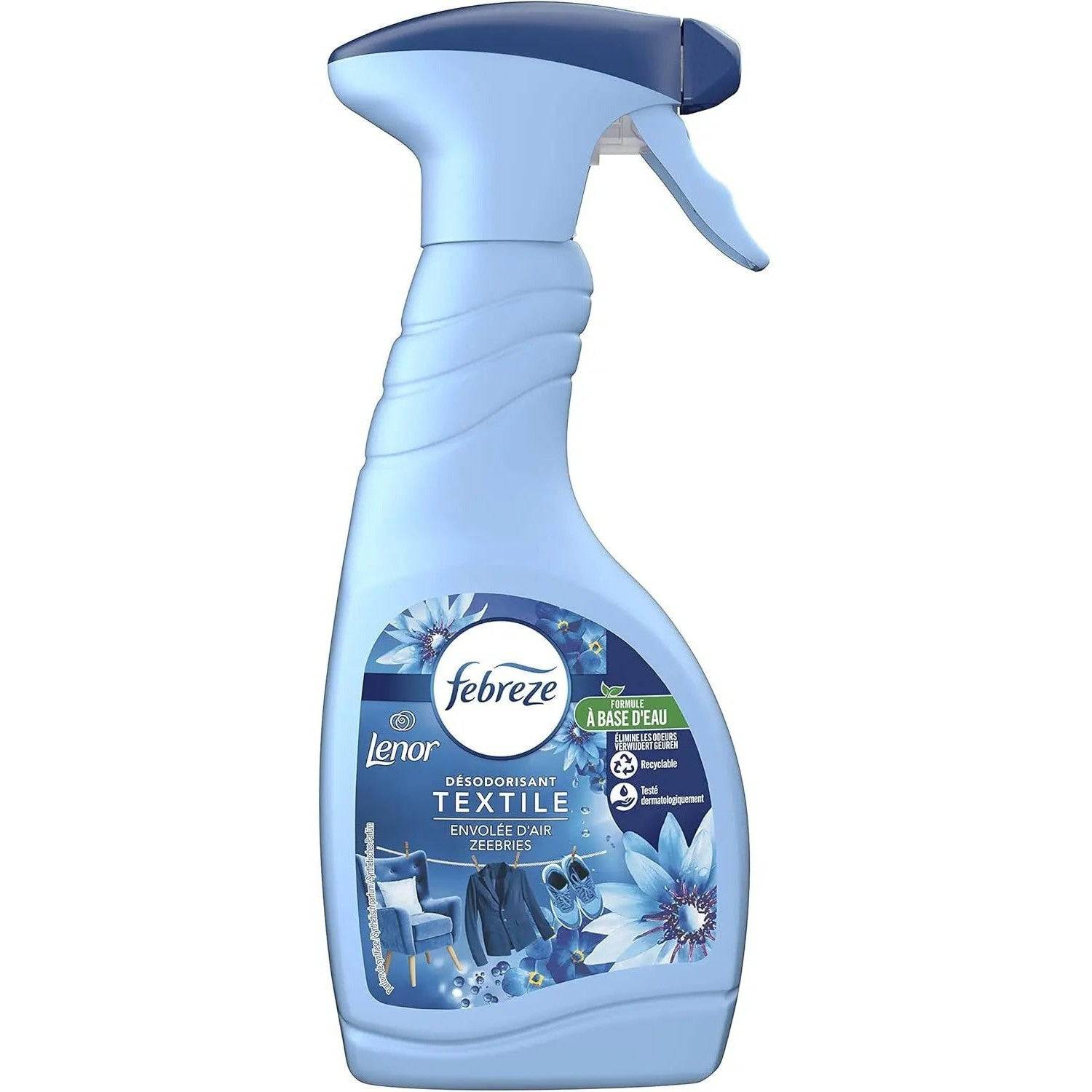Flacon de Febreze Spray Désodorisant Textile Lenor avec parfum Envolée d'Air, conçu pour éliminer les odeurs sur tissus d’ameublement.