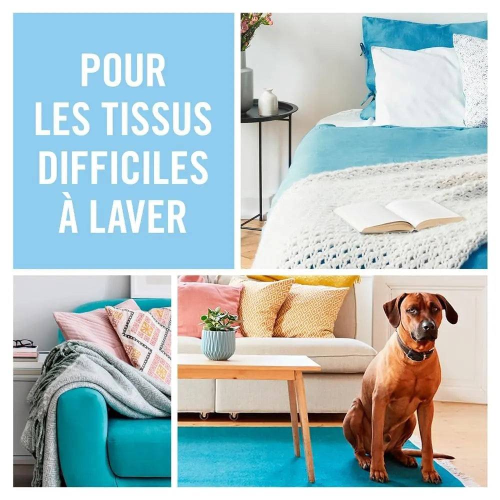 Febreze Textile Lenor utilisé sur des tissus difficiles à laver comme canapés, tapis et literie, idéal pour les foyers avec animaux.