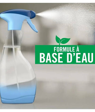 Spray Febreze à base d’eau en action, illustrant sa formule douce et efficace pour rafraîchir les textiles sans les abîmer.