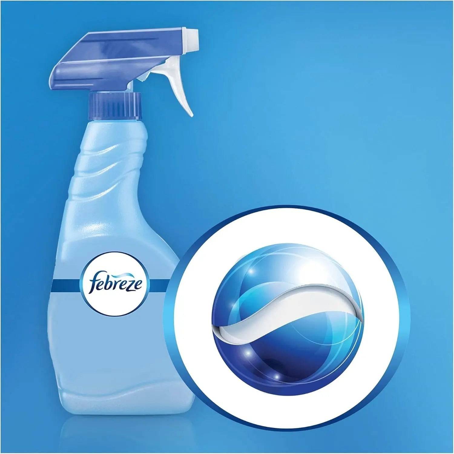 Flacon de Febreze Textile sur fond bleu avec technologie OdourClear, conçu pour neutraliser les odeurs et rafraîchir les tissus d’intérieur.