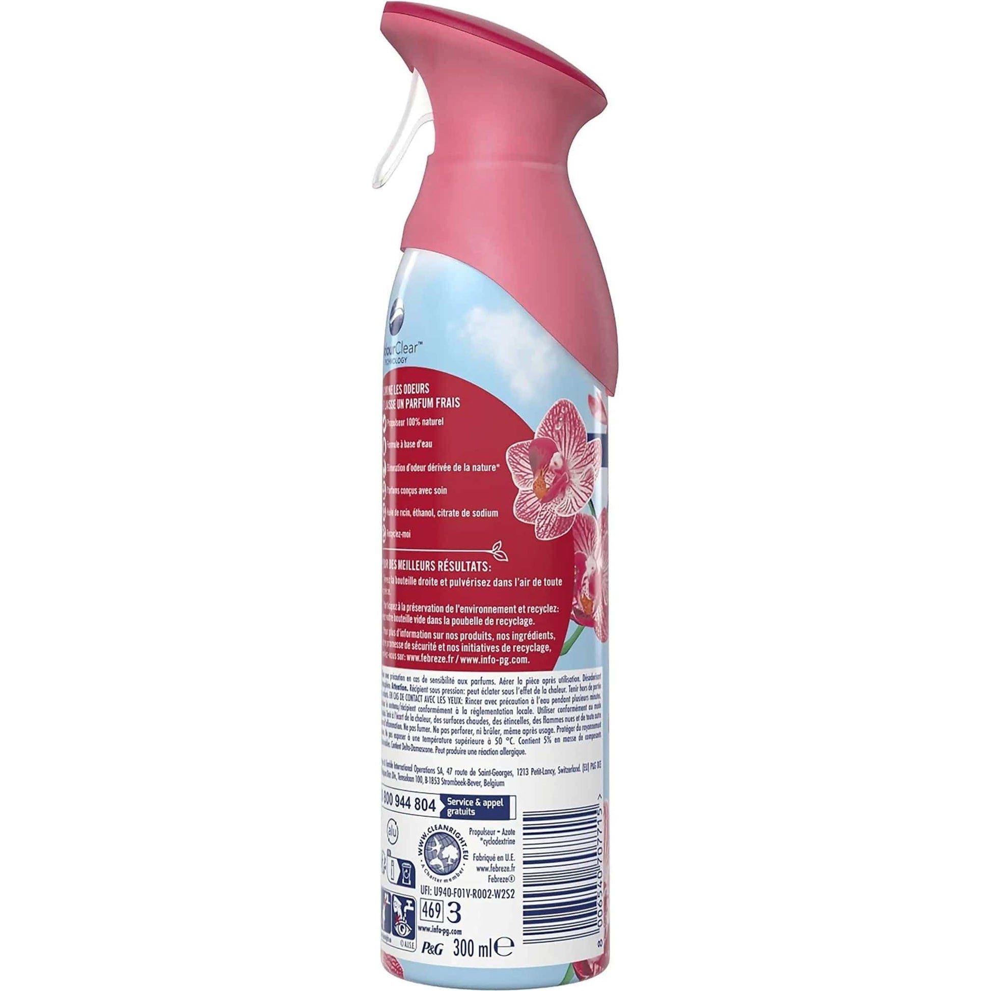 Vue arrière du désodorisant Febreze Thai Orchidée avec détails sur les ingrédients naturels et instructions d’utilisation pour une fraîcheur optimale.