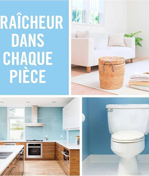 Visuel montrant différentes pièces de la maison avec texte 'Fraîcheur dans chaque pièce', illustrant l’efficacité du Febreze Spray Bambou.
