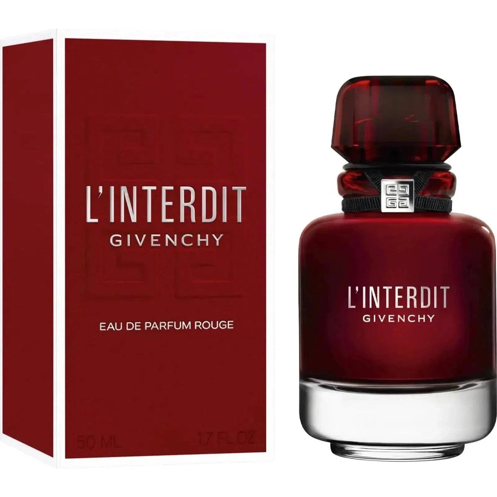 GIVENCHY L’Interdit Rouge EDP 50 ml, elegant bottle with bold red design and luxurious packaging.