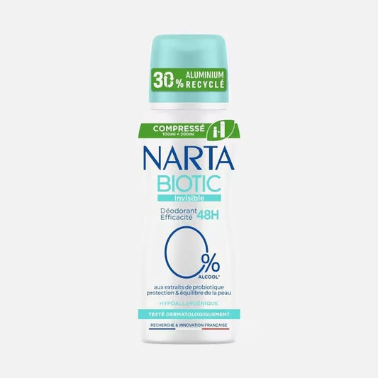 Déodorant Invisible Narta 48H - Protection Durable en format compressé 100 ml, sans alcool, idéal pour peau sensible des femmes actives.