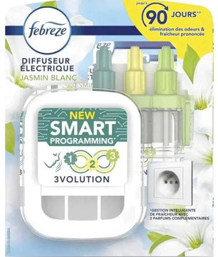 Diffuseur électrique FEBREZE Jasmin Blanc 3Volution avec programmation intelligente, neutralise les odeurs jusqu’à 90 jours.