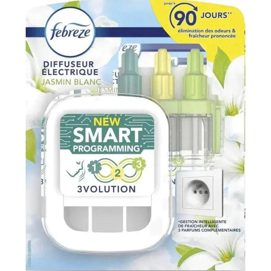 Diffusion d’air Febreze 3volution avec recharge jasmin blanc dans le kit de démarrage