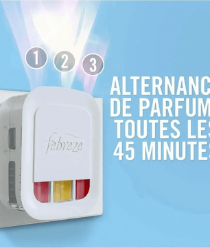 Diffuseur FEBREZE Jasmin Blanc branché, alternant trois parfums toutes les 45 minutes pour une fraîcheur durable et variée.