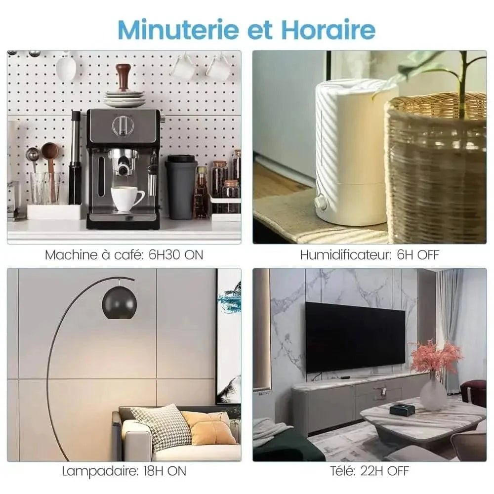 Quatre panneaux affichant la prise intelligente Eightree pour la domotique