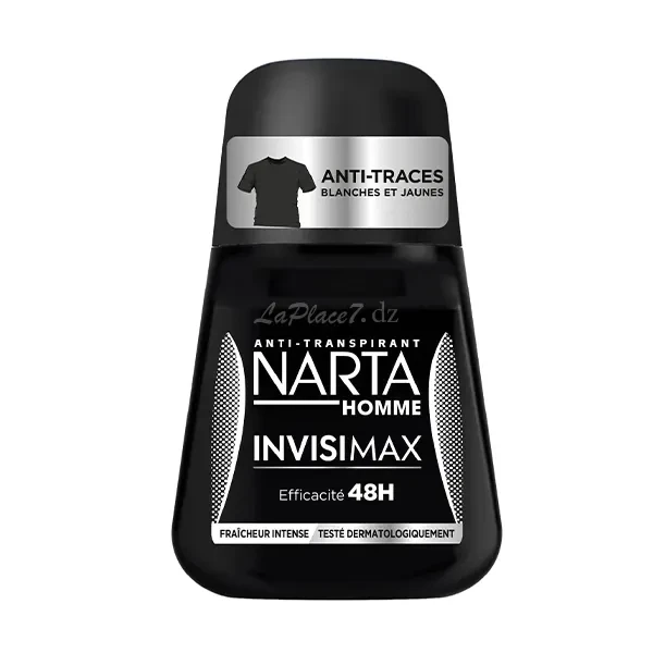 Déodorant anti-transpirant NARTA Invisimax 48H pour homme, flacon noir, protection durable anti-traces blanches et jaunes sur les vêtements.