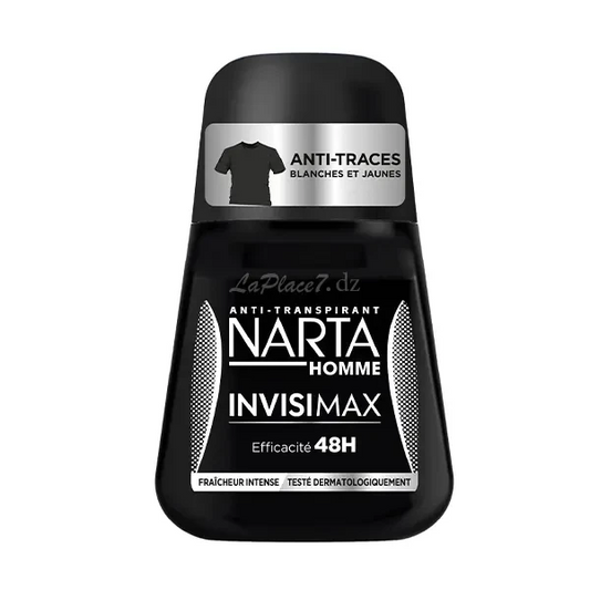 Déodorant anti-transpirant NARTA Invisimax 48H pour homme, flacon noir, protection durable anti-traces blanches et jaunes sur les vêtements.