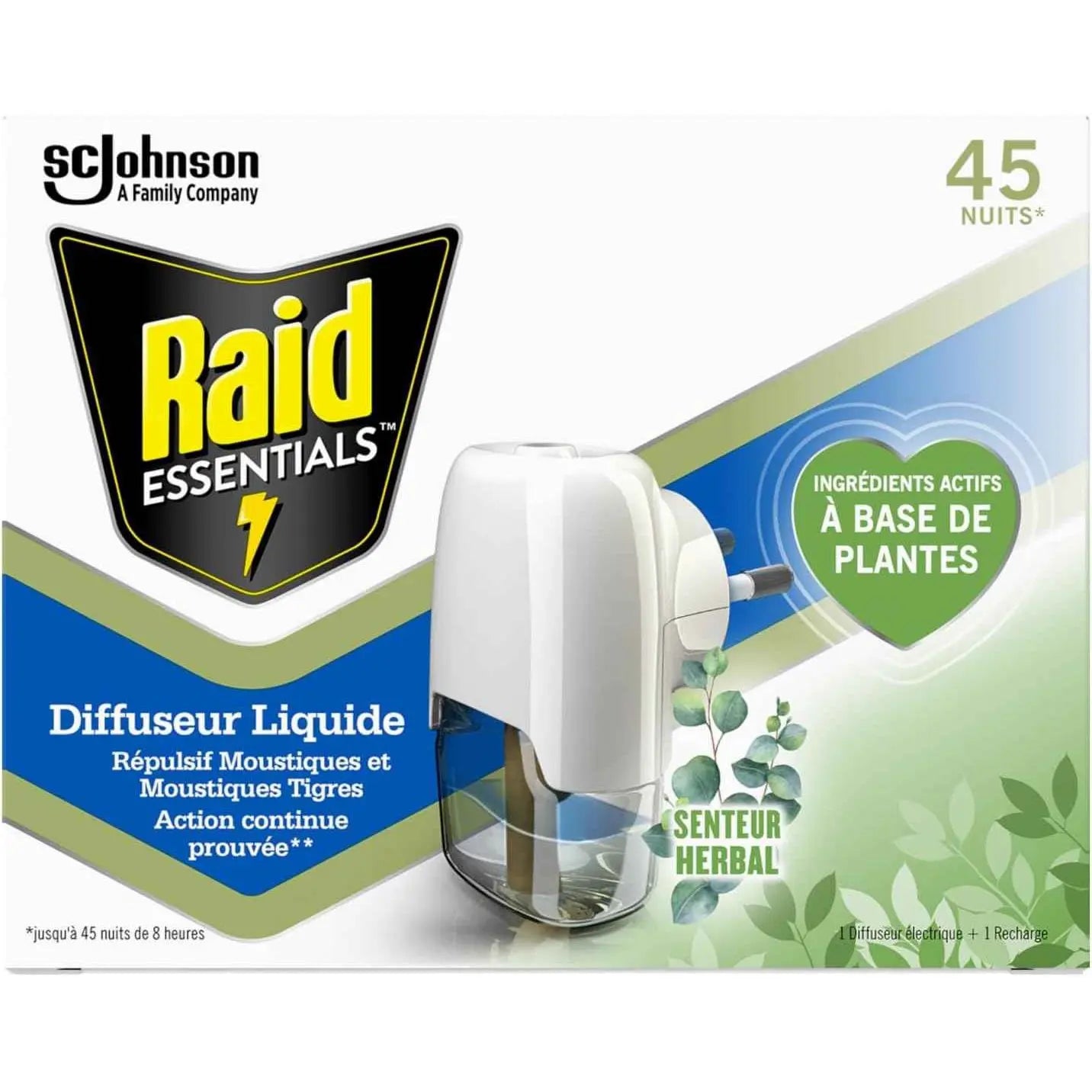 Raid Essentials Diffuseur Liquide Moustiques Repoussés Nuits Calmes Senteur Herbal Action Continue Jusqu'à 45 Nuits