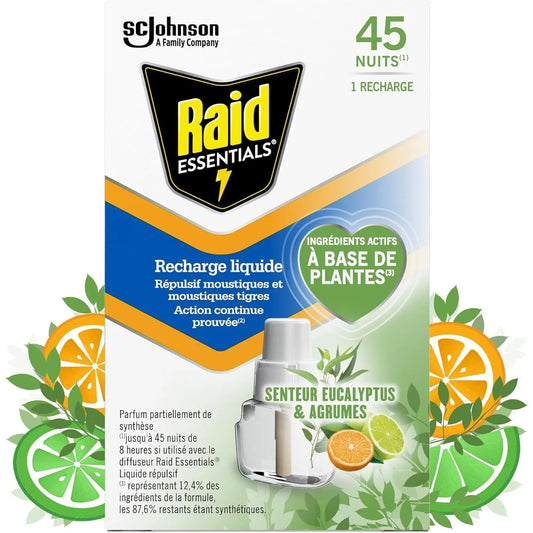Raid Essentials Recharge Diffuseur Électrique Liquide - Répulsif Moustiques et Moustiques Tigres 45 Nuits - Senteur Eucalyptus et Agrumes - 1 Recharge