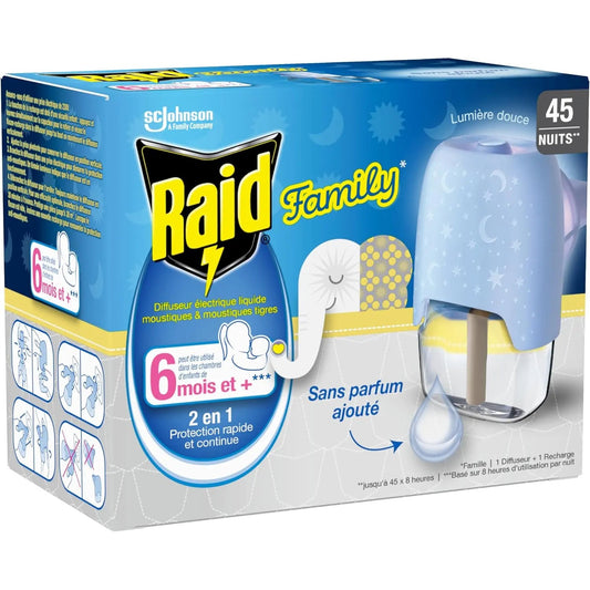 Raid Family Diffuseur Electrique Liquide - Moustiques et Moustiques Tigres 45 Nuits - Sans Parfum Ajouté - 1 Diffuseur et 1 Recharge RAID