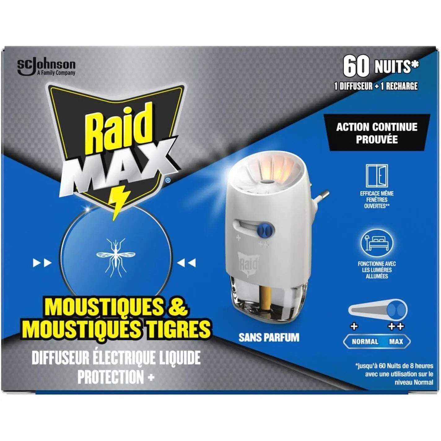 Raid Max Moustiques Électrique Liquide Diffuseur Puissant Protection Jusqu'à 60 Nuits Sans Parfum