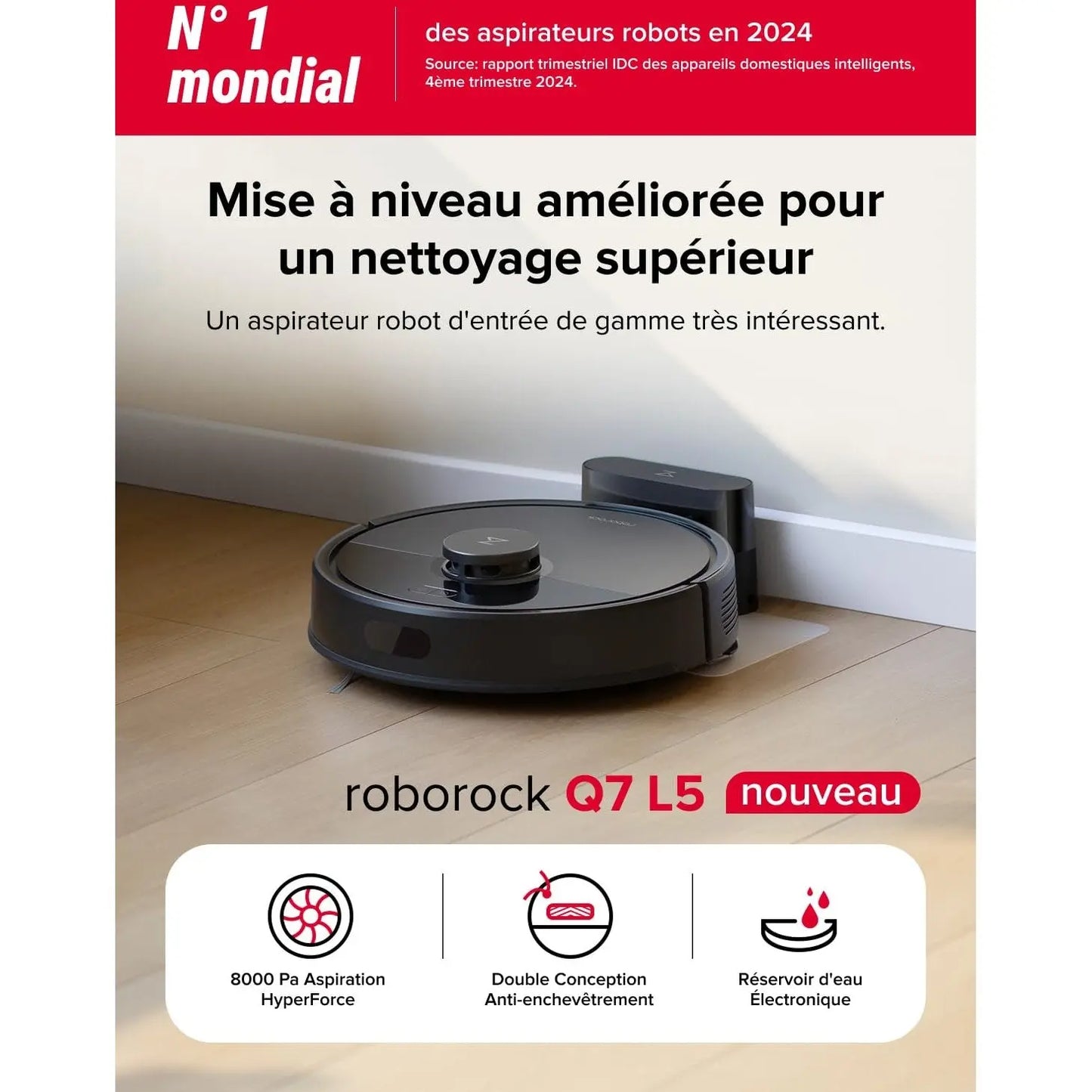 Roborock Q7 L5 – Robot aspirateur 8000 Pa, navigation LiDAR précise, double système anti-enchevêtrement, zones interdites intelligentes, cartographie multi-niveaux, recharge automatique, compatible App/Alexa - Cpourtoi.Net