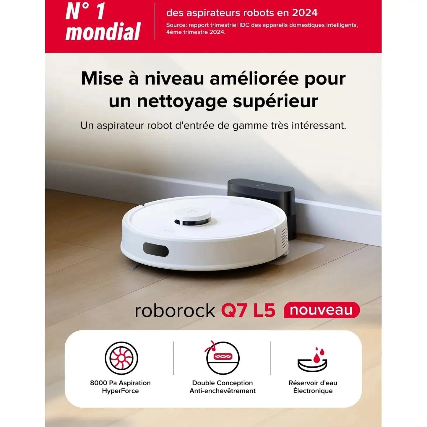 Roborock Q7 L5 – Robot aspirateur 8000 Pa, navigation LiDAR précise, double système anti-enchevêtrement, zones interdites intelligentes, cartographie multi-niveaux, recharge automatique, compatible App/Alexa - Cpourtoi.Net