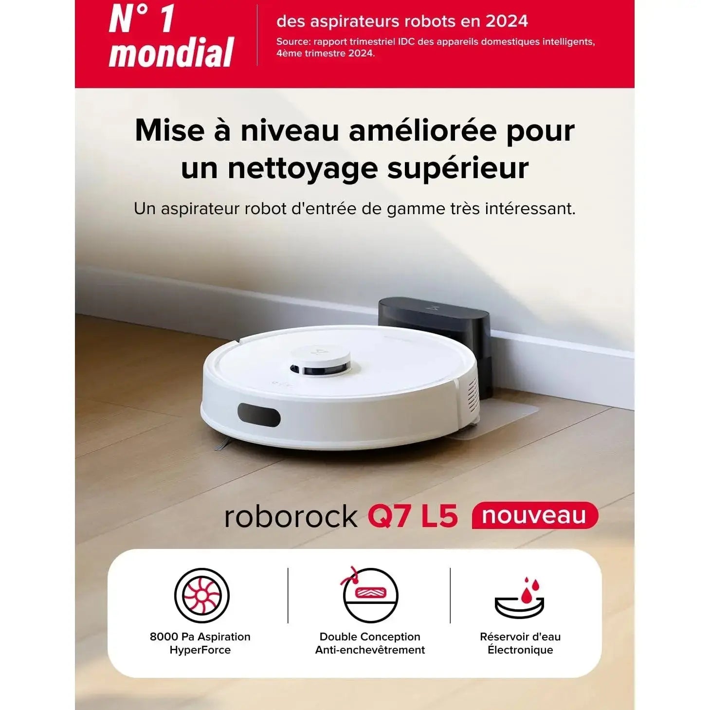 Roborock Q7 L5 – Robot aspirateur 8000 Pa, navigation LiDAR précise, double système anti-enchevêtrement, zones interdites intelligentes, cartographie multi-niveaux, recharge automatique, compatible App/Alexa - Cpourtoi.Net