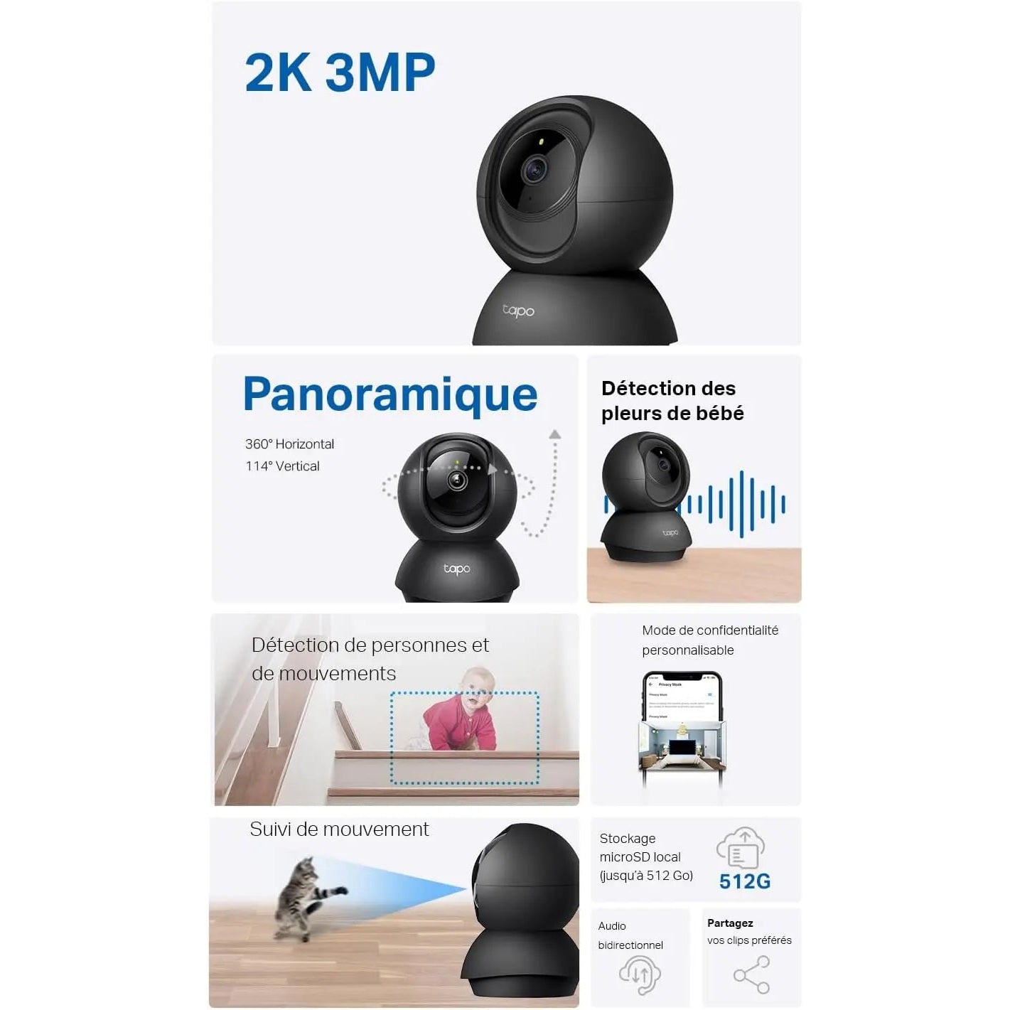 Tapo 2K(3MP) Caméra Surveillance WiFi intérieure 360° C211, Vision Nocturne, Notifications en Temps réel, Détection de Personne, Suivi de Mouvement, Télécommande, Compatible avec Alexa, Noir Cpourtoi.Net