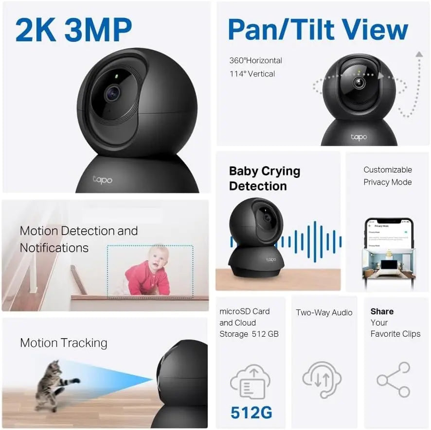 Tapo 2K(3MP) Caméra Surveillance WiFi intérieure 360° C211, Vision Nocturne, Notifications en Temps réel, Détection de Personne, Suivi de Mouvement, Télécommande, Compatible avec Alexa, Noir Cpourtoi.Net
