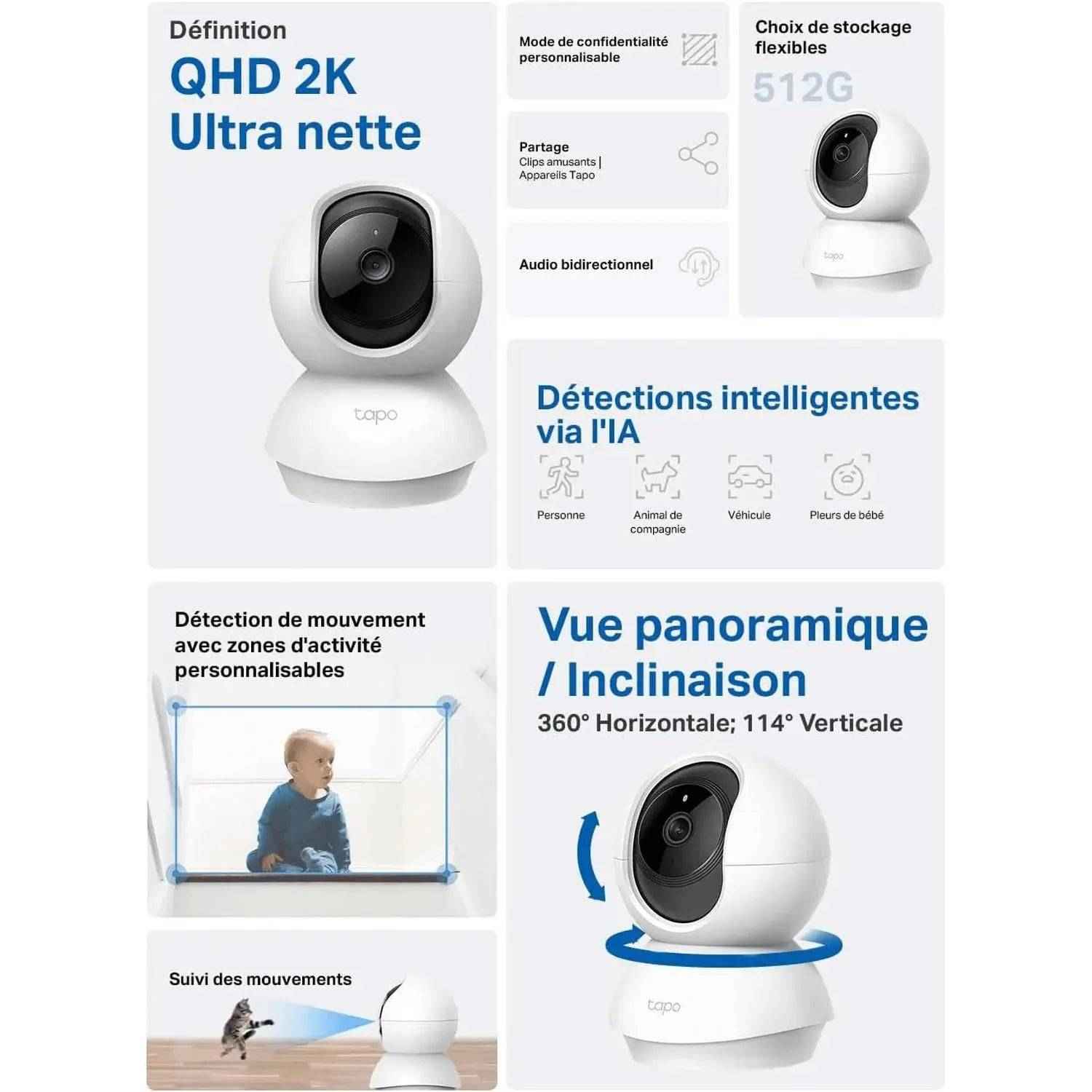 Tapo 2K(3MP) Caméra Surveillance Wifi Intérieure 360° C210