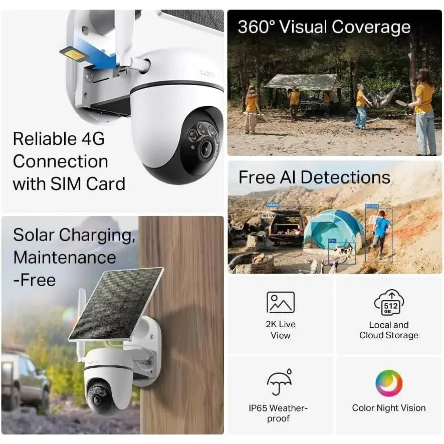 Tapo C615G KIT 2K 3MP Wireless Solar Security Camera 4G Security Camera with SIM Slot, Color Night Vision, Outdoor Camera with AI Detection, IP65, No Hub, Alexa, GoogleHome, No Cpourtoi.Net