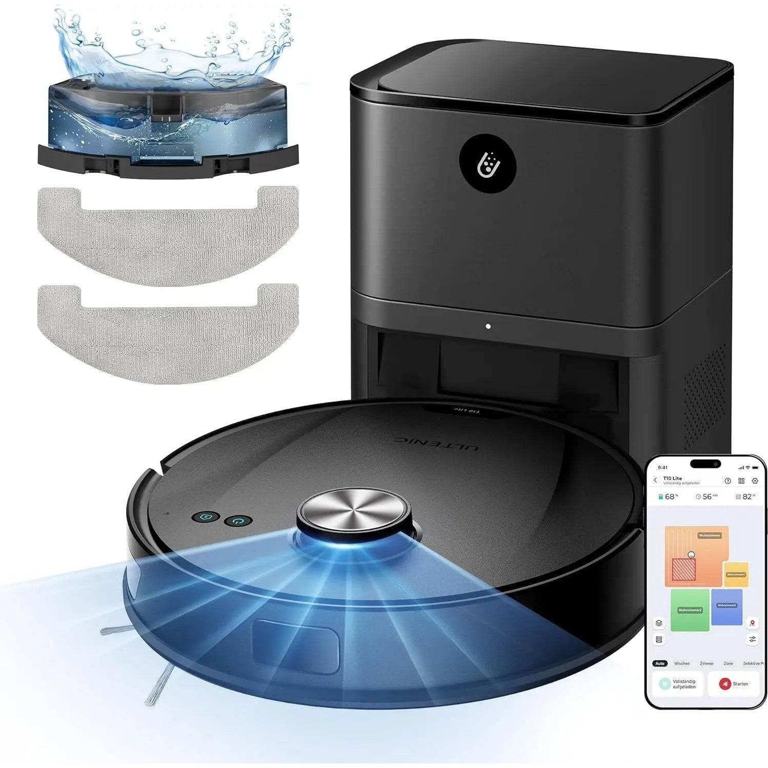 Ultenic T10 Lite Aspirateur Robot Laveur avec Station, 18000Pa Auto-Vidage, Navigation LiDAR, Cartographie Multi-étage, Connecté App/Alexa/Siri/IFTTT - Poils d’Animaux, Cheveux, Poussière et Moquette