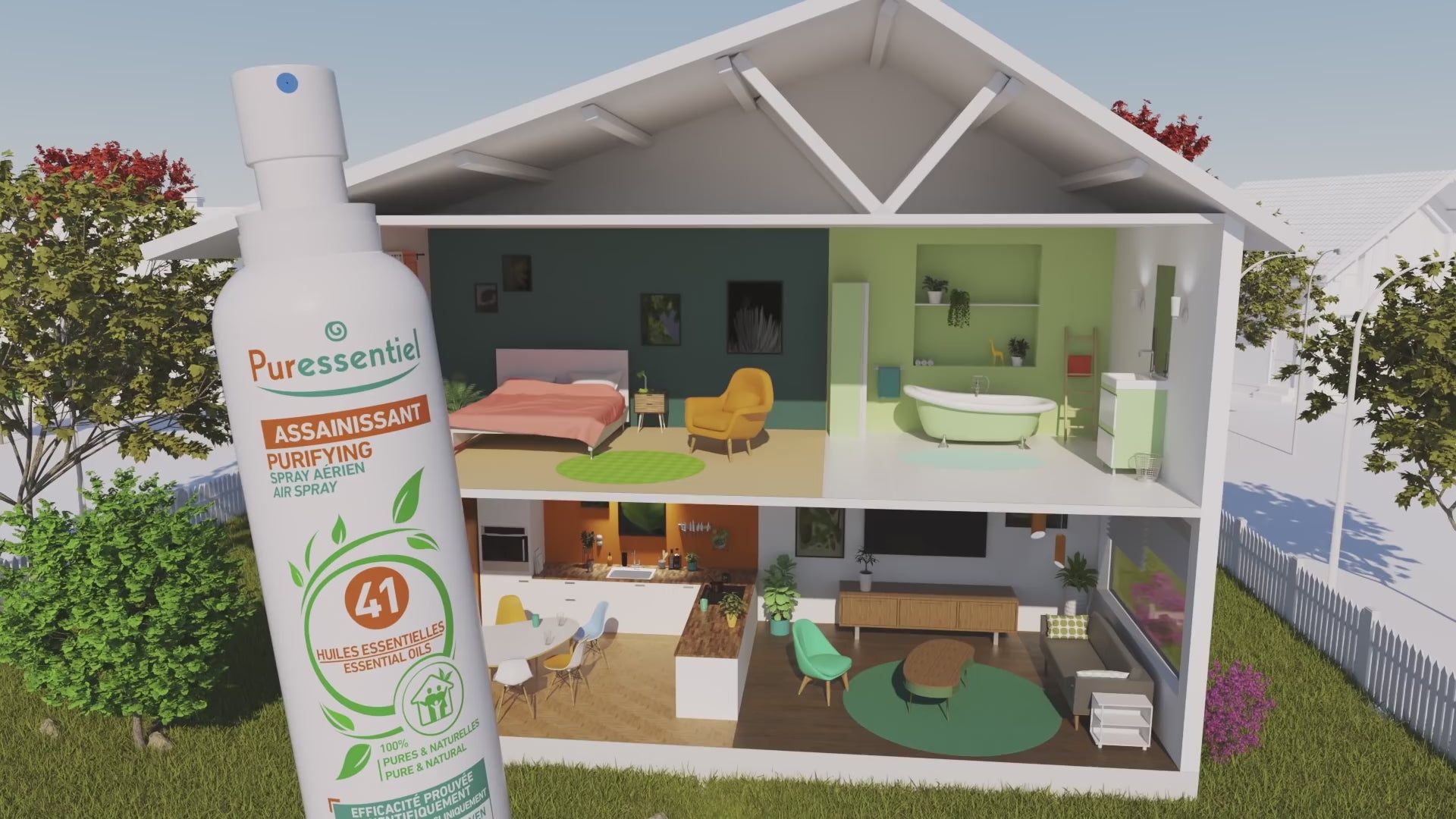 Spray Assainissant Puressentiel - 41 Huiles Essentielles devant une maison en coupe. Idéal pour purifier toutes les pièces du foyer.
