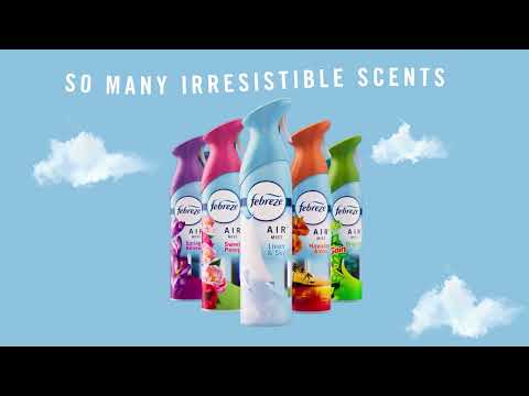 Gamme de sprays Febreze Air aux parfums variés, incluant Thaï Orchidée, sur fond bleu avec nuages et slogan 'So many irresistible scents'.
