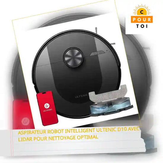 Aspirateur robot Ultenic D10 avec technologie LiDAR, affiché avec ses accessoires pour un nettoyage optimal et intelligent à domicile.
