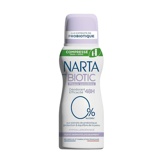 Déodorant Peaux Sensibles 48h NARTA BIOTIC compressé sans alcool, enrichi en probiotiques pour une protection douce et efficace.