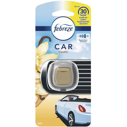 Désodorisant voiture Febreze Car Vanille fixé sur une grille d’aération, neutralise les odeurs et diffuse un parfum vanille jusqu’à 30 jours.
