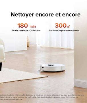 Aspirateur robot Roborock Q7 Max offrant 180 minutes d'autonomie et couvrant jusqu'à 300 m² pour un nettoyage prolongé.