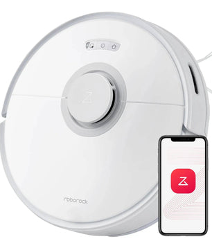 Roborock Q7 Max blanc avec application mobile, aspirateur robot avec navigation LiDAR pour nettoyage intelligent des sols.