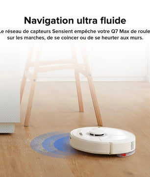 Navigation fluide du Roborock Q7 Max grâce aux capteurs Sensient évitant les obstacles, chutes et collisions.