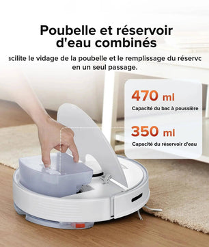 Réservoir d'eau de 350 ml et bac à poussière de 470 ml combinés dans le Roborock Q7 Max pour un entretien simplifié.