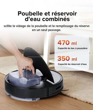 Roborock Q7 Max avec bac à poussière de 470 ml et réservoir d’eau de 350 ml, vidage et remplissage simplifiés.