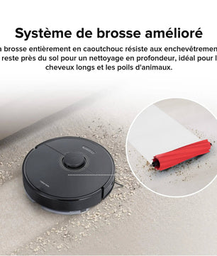 Roborock Q7 Max avec brosse en caoutchouc anti-enchevêtrement, parfait pour cheveux longs et poils d’animaux.