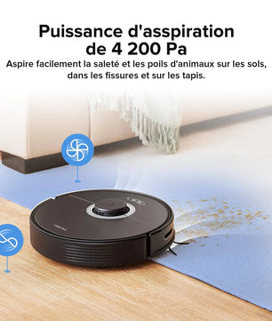 Roborock Q7 Max aspirant poils sur tapis avec puissance de 4200Pa, idéal pour les foyers avec animaux.