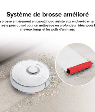 Brosse en caoutchouc du Roborock Q7 Max résistante aux cheveux et poils d'animaux, idéale pour nettoyage en profondeur.
