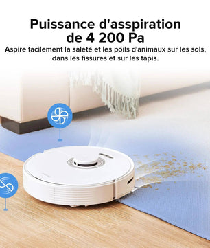 Puissance d'aspiration de 4200 Pa du Roborock Q7 Max, efficace sur tapis, fissures et poils d'animaux domestiques.