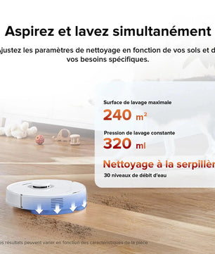 Roborock Q7 Max aspirant et lavant simultanément jusqu'à 240 m², avec 30 niveaux de débit d'eau et réservoir de 320 ml.
